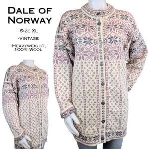 Dale Of Norway Cardigan XL Fair Isle Nordic Wool Cream Pink Ski Sweater
